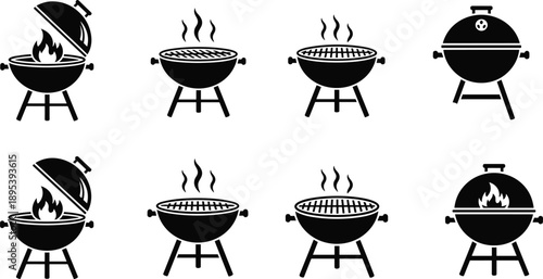 Set of barbecue grill silhouettes with charcoal BBQ smokers and kettles, isolated vector collection ideal for cooking, outdoor party, and food preparation design.