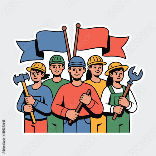 International Workers Day Team with Flags and Tools Labor Union Illustration Vector