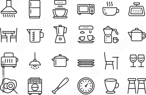 Kitchen dining icons, cooking tools, home appliances, cookware vector, food preparation, utensils, coffee machine, oven, refrigerator, toaster, blender, minimalist line art