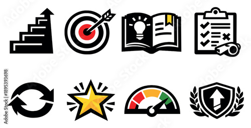 Skill and performance enhancement in bold style: skill ladder, practice target, learning book, coaching notes, repetition arrows, mastery star, confidence gauge. Vector icons