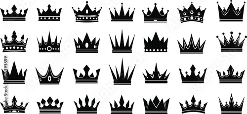 Royal crown silhouette icon set with king and queen symbols, luxury heraldic monarchy elements, elegant black crown collection isolated on white background