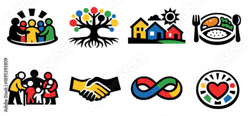 Community and belonging in bold style: community gathering, family tree roots, neighborhood houses, shared meal plate, intergenerational figures, mutual support. Vector icons