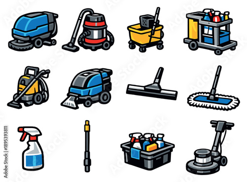 Commercial Cleaning Equipment in bold style: floor scrubber, vacuum cleaner, mop bucket, cleaning cart, pressure washer, carpet extractor, window squeegee, dust. Vector icons