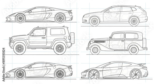 Collection of Vehicle Line Drawings.