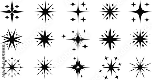 Set of star sparkle silhouettes with radiant burst shapes and twinkling effects, isolated vector collection ideal for festive graphics, decoration, branding, and light themes.