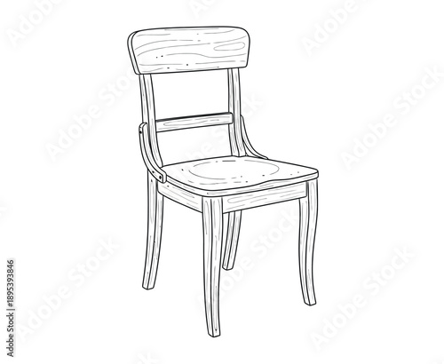 A simple, line-drawn wooden chair with a curved backrest and seat is depicted. The chair has four legs and a sturdy design, suggesting durability.