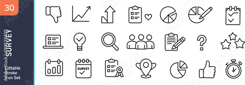 Survey icons, feedback tools, data collection, editable stroke vector, charts, graphs, clipboard, question mark, rating stars, stopwatch, user group, analysis