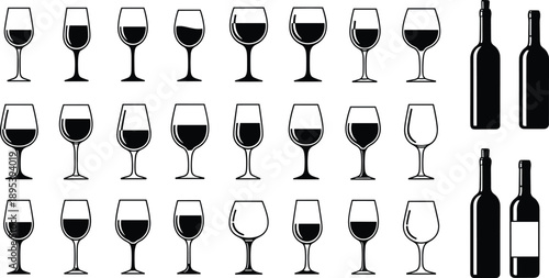 Set of wine glass and bottle silhouettes featuring various goblet shapes and beverage containers, isolated vector collection ideal for bar, restaurant, and hospitality design.