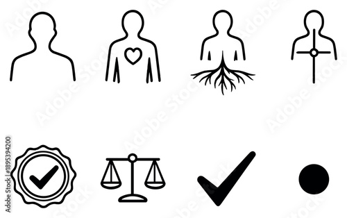 Core identity and being in outline style: true self silhouette, heart center, grounding root, balance axis, authenticity seal, minimal form, alignment checkmark. Vector icons