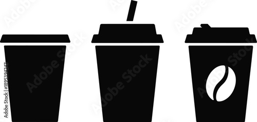 Drink cup silhouettes with straws and lids showing different liquid levels, stylish modern black beverage icons
