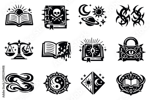 Dark and light magic grimoires vector icons in outline style: light magic book, dark magic tome, celestial symbols, shadow glyphs, balance scale magic. Vector icons