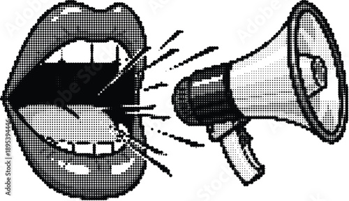 Woman mouth shouting with speech bubble pixel art and halftone dots effect vector illustration