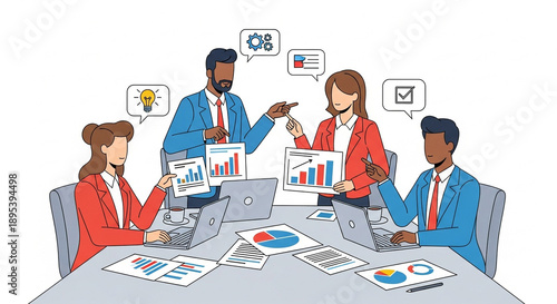 Diverse team collaborating on business strategy with charts and laptops