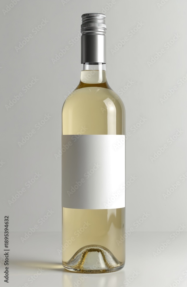 Obraz premium Clear glass bottle with pale yellow liquid and plain white label. Silver screw cap atop. Product packaging template on white backdrop. For wine, beverage, or spirit branding.
