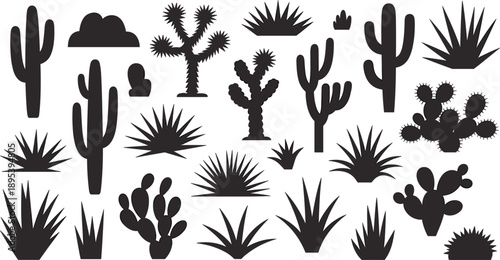Assortment Of Black Silhouette Desert Plants Including Cacti And Agave cactus succulent
