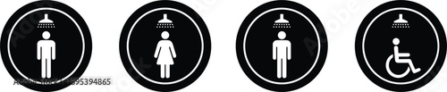 Black Circular Icons for Shower Facilities Including Men Women and Disabled Access symbol facility