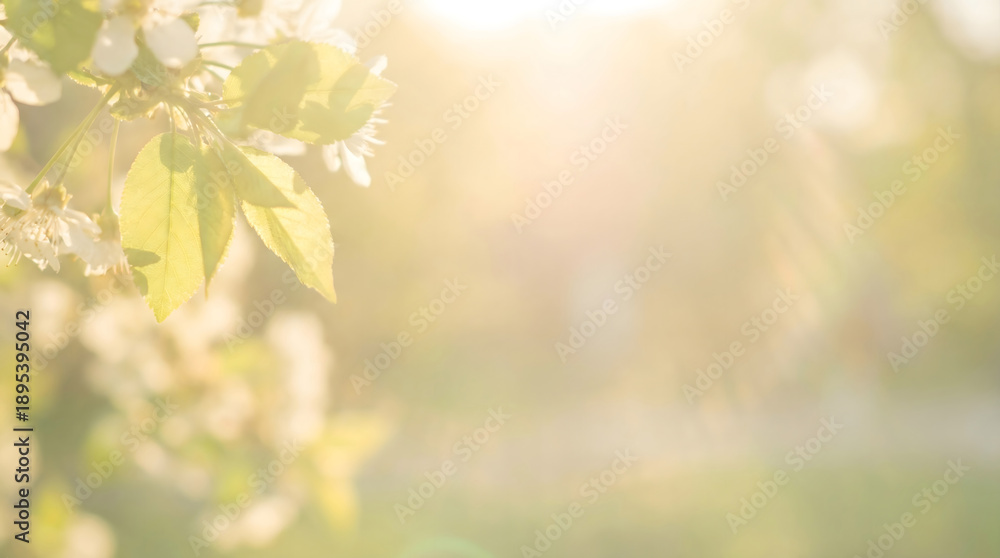 Obraz premium Dreamy Spring Sunlight with Soft Lens Flare and Bokeh Background, Ethereal Nature Scene with Glowing Leaves for Wellness and Beauty Branding