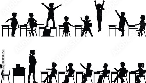 Children Silhouettes in Classroom Setting with Desks and Teacher kids students