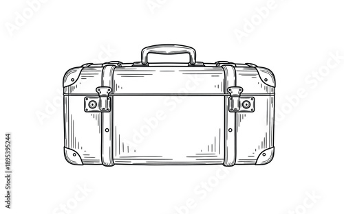 Detailed black and white sketch of a vintage suitcase with leather straps, corner protectors, and a handle. The suitcase evokes a nostalgic, classic travel vibe.