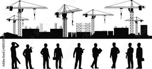 Construction Site Cranes and Workers Silhouettes illustration vector