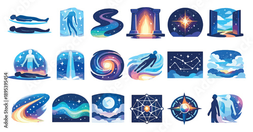 Astral Projection Journey in flat style: floating figure, starry sky, cosmic path, spirit travel, astral body silhouette, celestial gateway, glowing light beam. Vector icons