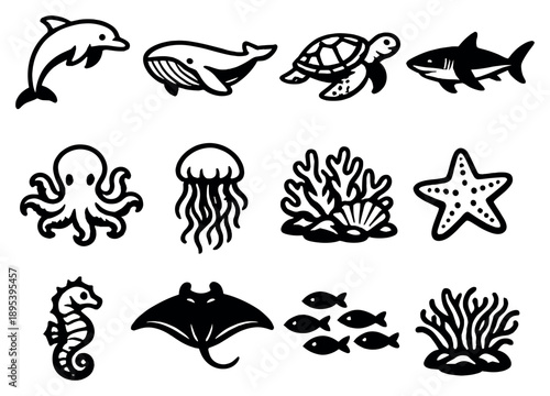 Ocean Marine Life in outline style: dolphin, whale, sea turtle, shark, octopus, jellyfish, coral reef, starfish, seahorse, manta ray, school of fish, sea. Vector icons