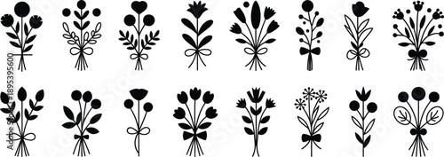 Floral Bouquet Silhouettes With Bows On White Background Keywords: floral, bouquet, flower, silhouette, botanical, bloom, stem