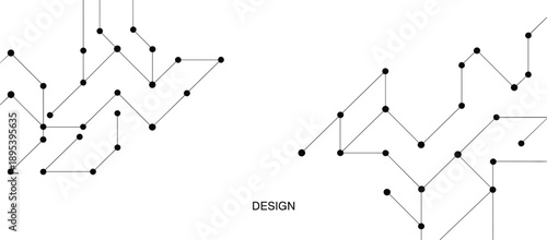 Abstract geometric network of connected black dots and lines forming a branching structure on a white background with the word DESIGN