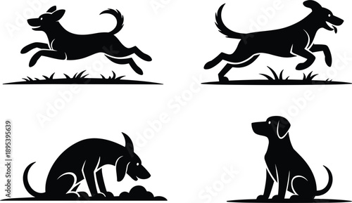 Four Black Silhouette Dog Poses Running Sitting Digging Keywords: dog, puppy, canine, animal, pet, silhouette, black and white