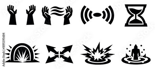 Invocation and calling actions in bold style: raised arms, incantation waves, resonance lines, timing glyph, portal opening arc, convergence arrows, power surge. Vector icons