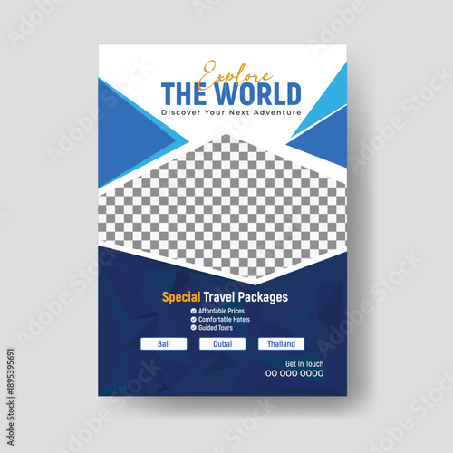 Travel poster and flyer template for tour and holiday packages with scenic destination layout and modern promotional design
