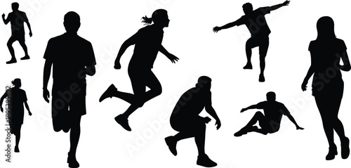 Assortment of human silhouettes in active and resting postures showcasing movement and stillness on a white canvas