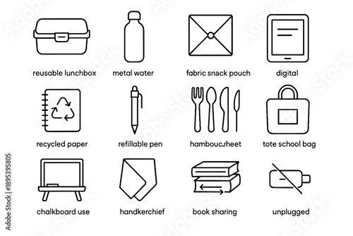 Snack school icon refillable pen vector notebook bottle tablet pouch zero waste