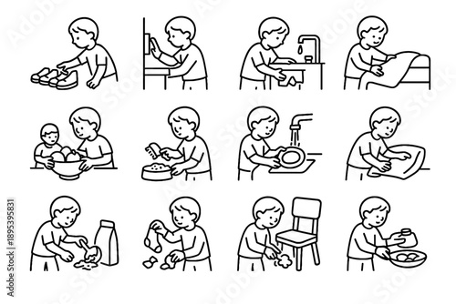 Collecting wiping chores mindful rinsing dirt wrappers legs kid shoes vector sorting