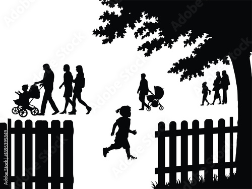 Black silhouette scene of families with strollers and children walking near a park fence and a large tree, depicting a peaceful outdoor day with a sense of community