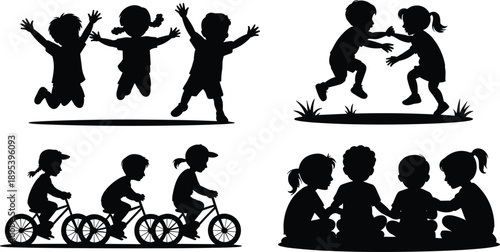 Silhouettes of Children Playing and Riding Bicycles kids jumping