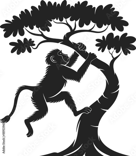 Detailed black silhouette of a baboon gripping a thick tree branch, its form clearly defined against a white background, depicting a primate in motion