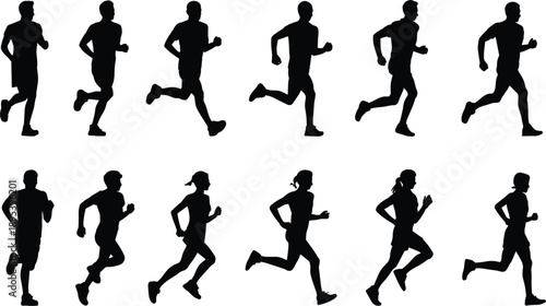 Silhouettes of male and female runners in motion during a race running sport