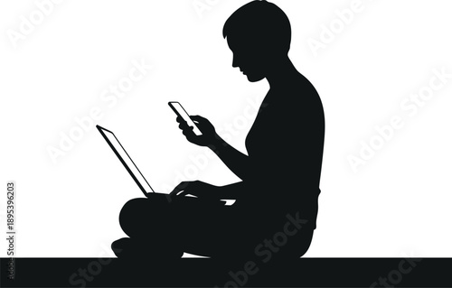Woman using laptop and smartphone silhouette multitasking online