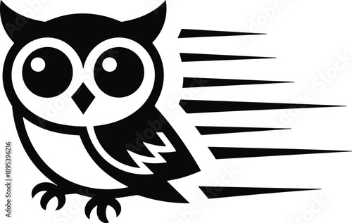 Dynamic black and white owl with trailing speed lines conveying a sense of urgency and rapid delivery logistics