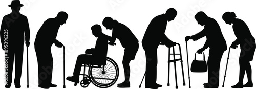 Diverse group of elderly individuals with mobility aids including canes walkers and a wheelchair showcasing different stages of aging and support needs