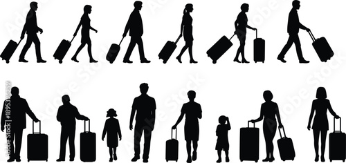 Silhouettes of people with luggage walking and standing suitcase travel