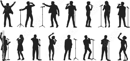 Singers Performing on Stage Silhouettes with Microphones on Stands illustration