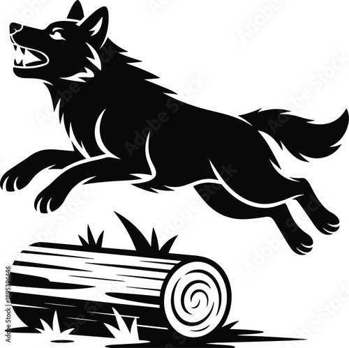 Energetic black silhouette of a wolf jumping over a fallen log with grass sprouting around it, conveying a sense of wildness and natural movement
