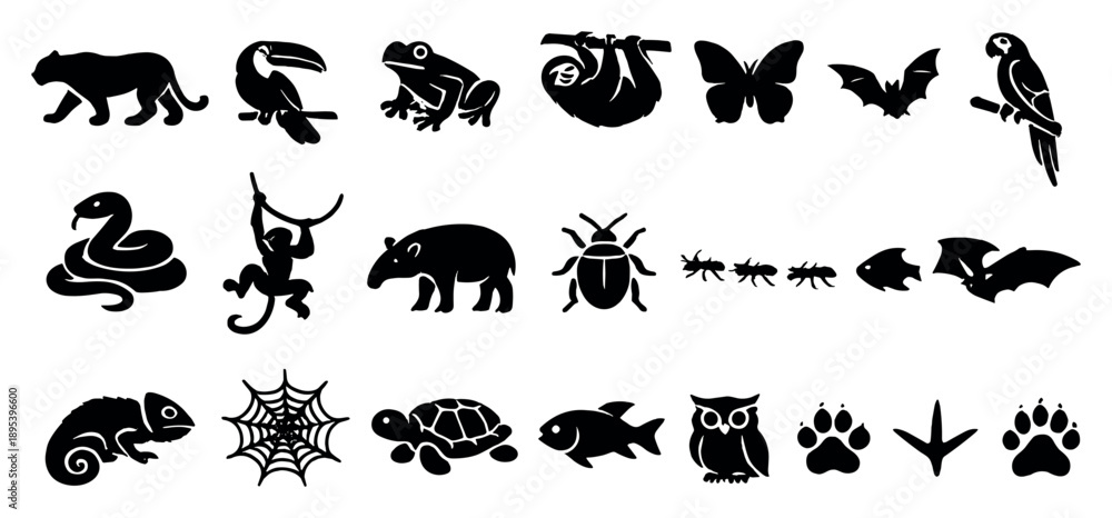 Fototapeta premium Rainforest Wildlife Fauna in outline style: jaguar silhouette, toucan bird, tree frog, sloth hanging, butterfly, macaw parrot, snake coiled, monkey swinging. Vector icons