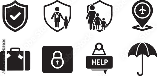 Comprehensive safety and travel support icons: security, family protection, and assistance symbols