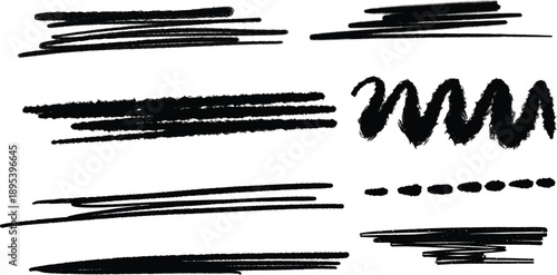 Black brush stroke variations, solid rough wavy dotted textured lines, artistic digital paint marks, creative hand-drawn sketch elements, modern abstract design decoration, expressive charcoal pencil