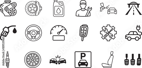 Automobile icon set with clean vector symbols for cars, transport, mobility, apps, web, UI and print use