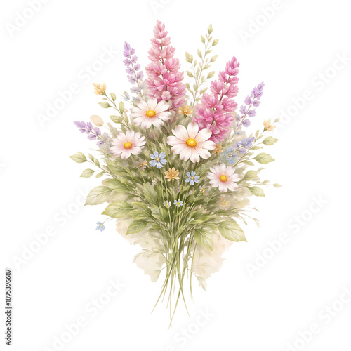 Watercolor Wildflower Bouquet with Daisies and Lavender Isolated on Transparent Background