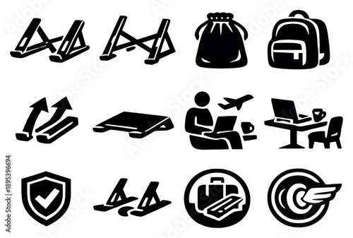 Portable and travel friendly laptop stands in bold style: compact foldable stand, lightweight frame, travel pouch, backpack carry icon, quick setup arrows, slim. Vector icons